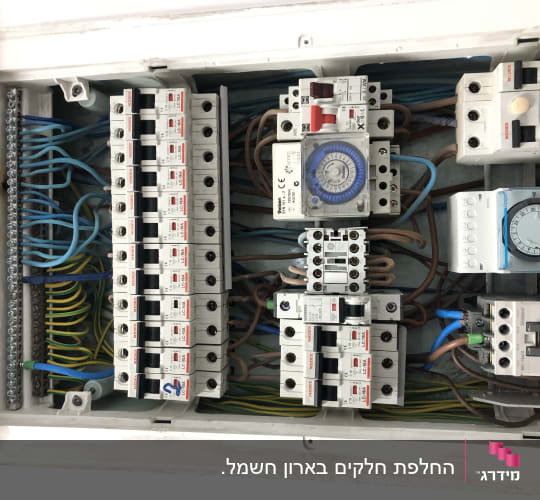 לוח חשמל עם מפסקים וחוטים צבעוניים